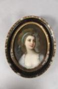 A GOOD 19TH CENTURY GERMAN PORCELAIN OVAL PLAQUE depicting ZOFIA POTOCKA in an ebonised frame.