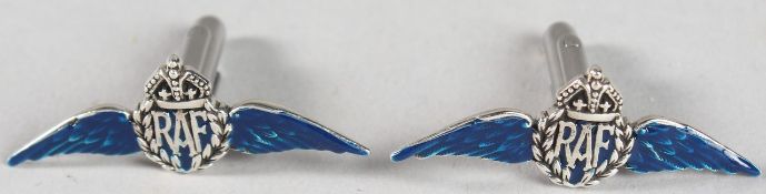 SILVER AND ENAMEL RAF WINGS CUFFLINKS.