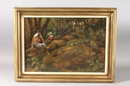 ENGLISH SCHOOL. Young ladies in a wood. Oil on canvas. 10ins x 15ins.