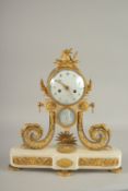 A VERY GOOD LOUIS VI WHITE MARBLE AND ORMOLU CLOCK with 10cm enamelled dial, striking on a single