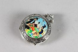A SILVER PLATED NOVELTY EROTIC SCENE WATCH VESTA.