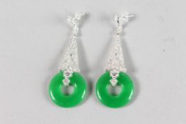 A PAIR OF SILVER AND JADE DECO EARRINGS.
