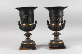 A SUPERB PAIR OF BRONZE CAMPAGNA TWO-HANDLED VASES with classical decoration on Blue John bases.