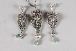 A SILVER MARCASITE, EMERALD AND RUBY PANTHER NECKLACE AND EARRINGS SET.