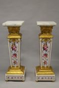A GOOD PAIR OF PORCELAIN AND ORMOLU MARBLE TOP PEDESTALS, painted with flowers. 4ft 2ins high ,