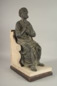A LARGE BRONZE CLASSICAL SEATED FIGURE, mounted on a stone effect throne, the figure with right hand