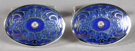 A PAIR OF STERLING SILVER, ENAMEL AND DIAMOND CUFFLINKS.