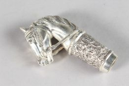 A WHITE METAL HORSE CANE HANDLE.