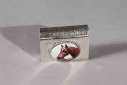 A SILVER NOVELTY HORSE ENAMEL BOOK PILL BOX.