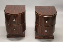 A PAIR OF ART DECO SHAPED FRONT TWO DRAWER BEDSIDE CABINETS. 1ft 10ins high x 1ft 7ins wide.