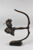 NICK. A BRONZE INDIAN ARCHER on a marble base. Signed. 17ins high.