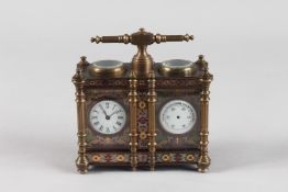 A BRASS AND CLOISONNE ENAMEL TWO DIAL CARRIAGE CLOCK with carrying handle. 5ins wide x 5ins high