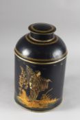 A TOLEWARE CIRCULAR TEA CANISTER AND COVER. 14ins high.