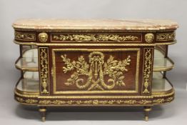 A LARGE LOUIS XVITH DESIGN MARBLE TOP COMMODE fitted with four drawers, double panel doors and