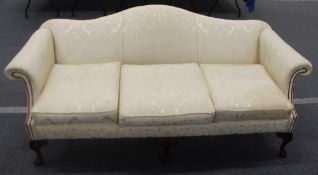 A GOOD LARGE CHIPPENDALE DESIGN SOFA, with curving arms, padded serpentine base, three loose