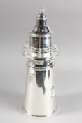 A LARGE PLATE LIGHTHOUSE COCKTAIL SHAKER. 13.5ins high.