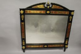 A GOOD MARBLE TOP BOULLE CONSOLE AND MIRROR, the cabinet with panel door, with oval and glass