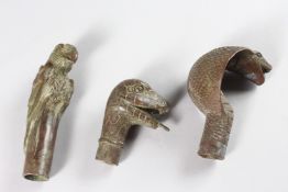 THREE BRONZE WALKING STICK HANDLES, cobra, snake and parrot.