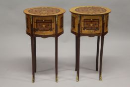 A PAIR OF LOUIS XVITH STYLE OVAL MARQUETRY TOP SIDE TABLES with cross-banded tops, three small