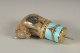A VERY GOOD RUSSIAN SILVER AND ENAMEL HARDSTONE BEAR CANE TOP. 3.5ins long, in a fitted box.
