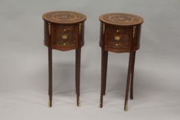 A PAIR OF LOUIS XVITH STYLE CIRCULAR MARQUETRY TOP SIDE TABLES with cross-banded tops, three small