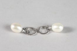 A PAIR OF 18CT WHITE GOLD, DIAMOND AND PEARL DETACHABLE HOOP DROP EARRINGS.