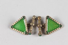 A PAIR OF RUSSIAN SILVER AND ENAMEL TRIANGULAR CUFFLINKS.