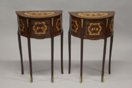A PAIR OF LOUIS XVITH STYLE HALF-MOON MARQUETRY TOP SIDE TABLES with cross-banded top. 2ft 4ins high