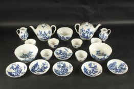 A LARGE WORCESTER BLUE AND WHITE PART TEA SET painted with 