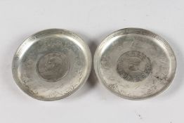 TWO CHINESE CIRCULAR COIN DISHES. 3.5 diameter.