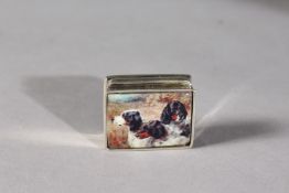 A SILVER THREE DOG ENAMEL PILL BOX.