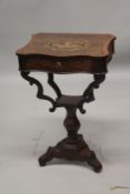 A VERY GOOD 19TH CENTURY MAHOGANY WORK TABLE with crossbanded top, the top inlaid with a Chinese