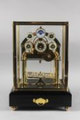 A GOOD SIX DIAL CONGREVE CLOCK in a glass dome. 17ins high overall.