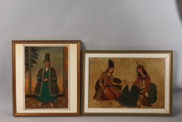 TWO PERSIAN QAJAR OIL PAINTINGS, depicting figures, one painting on board, the other on canvass,