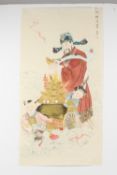 A LARGE CHINESE PAINTING ON SILK, depicting a robed male figure holding a large ruyi scepter and