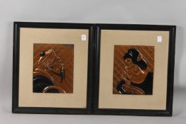 A PAIR OF FRAMED JAPANESE STYLE ART DECO LACQUERED RELIEF PICTURES, 51cm x 45cm.