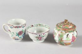 A CHINESE CANTON FAMILLE ROSE PORCELAIN LIDDED POT, together with two porcelain cups, (3).