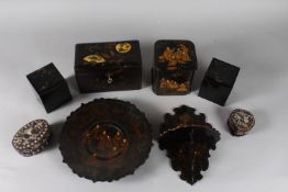 A COLLECTION OF VARIOUS LACQUER BOXES AND OTHER ITEMS, including two mother of pearl inlaid