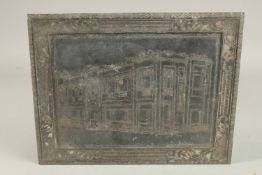 A RARE INDIAN BIDRI SILVER INLAID TRAY, depicting a building, the reverse inscribed 'Lady Tasker