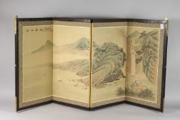 A SMALL CHINESE FOUR PANEL SCREEN, overlaid with a painting on silk depicting a landscape scene.