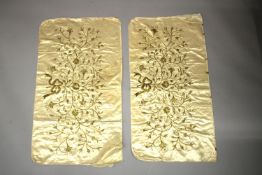 A PAIR OF OTTOMAN TURKISH PILLOW CASES, with gold embroidery.