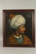 A FINE OTTOMAN TURKISH OIL PORTRAIT PAINTING ON CANVASS, inscribed upper right, framed, canvass 61cm