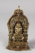 A RARE 17TH CENTURY OR EARLIER SOUTH INDIAN SILVER INLAID BRONZE JAIN SHRINE, with engraved