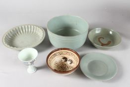 A MIXED LOT OF CHINESE PORCELAIN ITEMS, including a large celadon bowl and three celadon dishes,