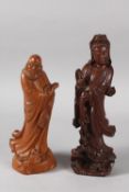 TWO CHINESE CARVED WOOD FIGURES, 31.5cm and 27cm high, (2).