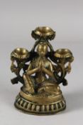 A FINE 17TH CENTURY NEPALESE BRONZE OIL LAMP, with seated deity in the centre, 16cm high.