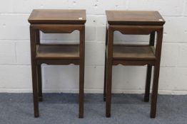 A PAIR OF CHINESE RECTANGULAR TWO-TIER WOODEN STANDS, 80cm high.