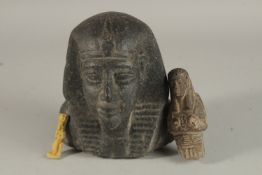 A RARE LARGE POSSIBLY ANCIENT EGYPTIAN CARVED BLACK STONE BUST, 15cm high, along with two other