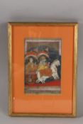 AN 18TH-19TH CENTURY INDIAN MINIATURE PAINTING DEPICTING KRISHNA AND A NOBLEMAN RIDING A CHARRIOT,