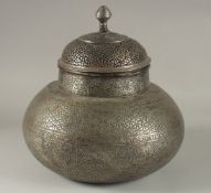 A VERY FINELY ENGRAVED LARGE 18TH -19TH CENTURY PERSIAN TINNED COPPER BOWL, with openworked lid,